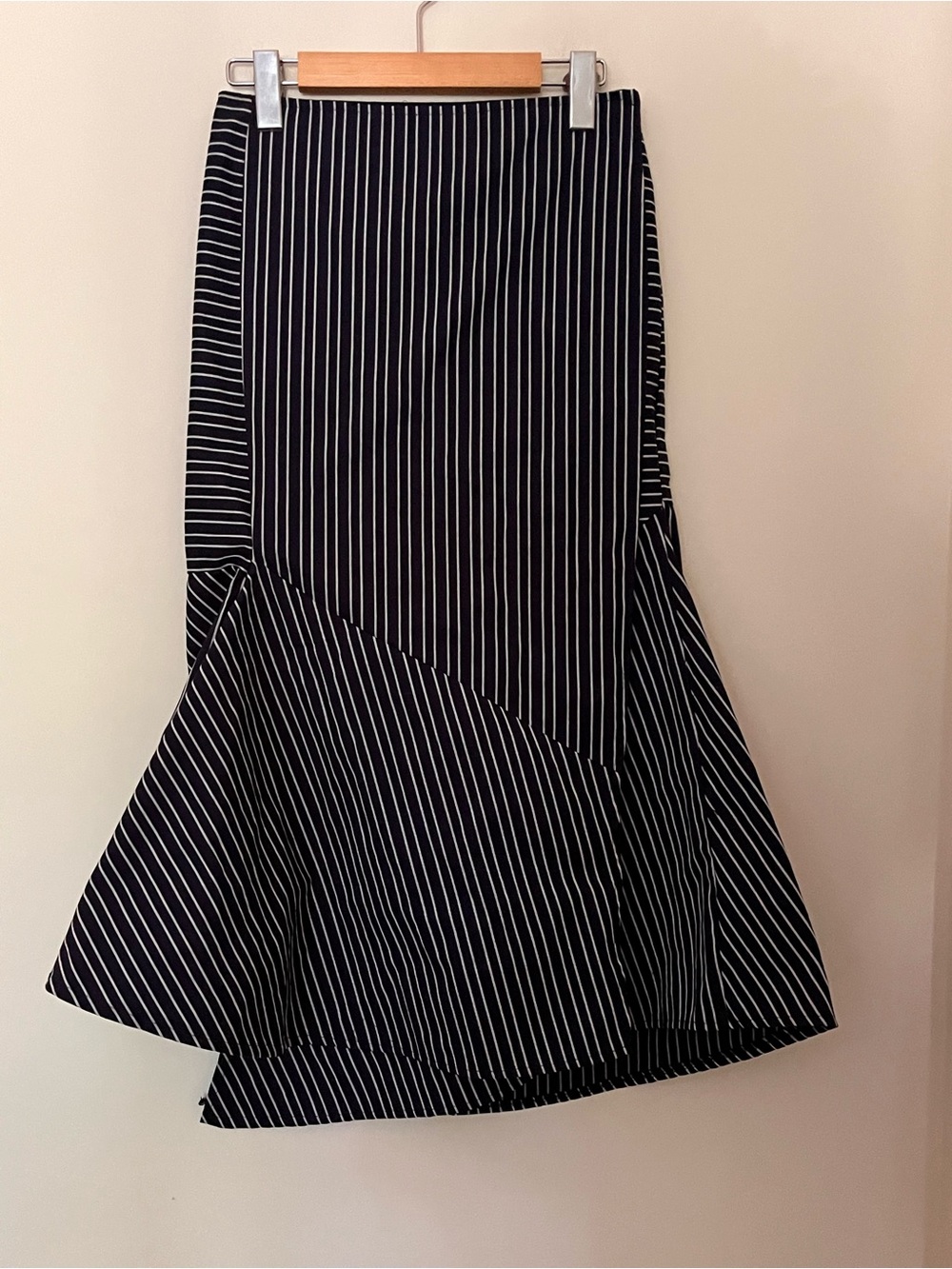 NWOT Style Nanda 💯 Cotton Navy Blue White Striped Asymmetrical Midi Skirt S